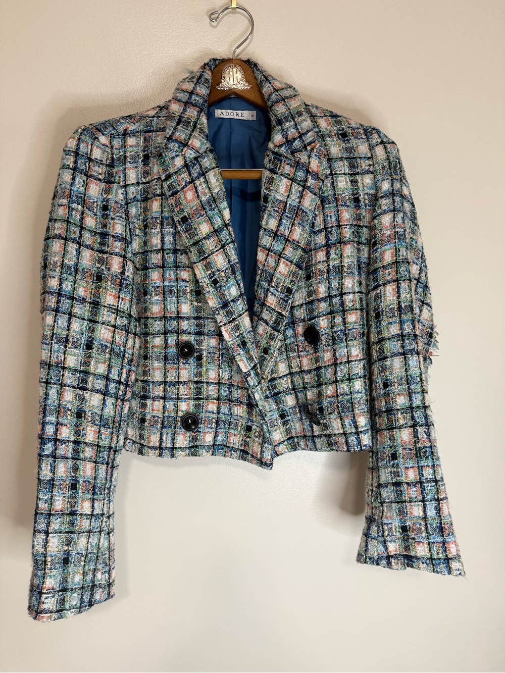Adore Tweed Cropped Double-Breasted Jacket in Multicolor Plaid size small